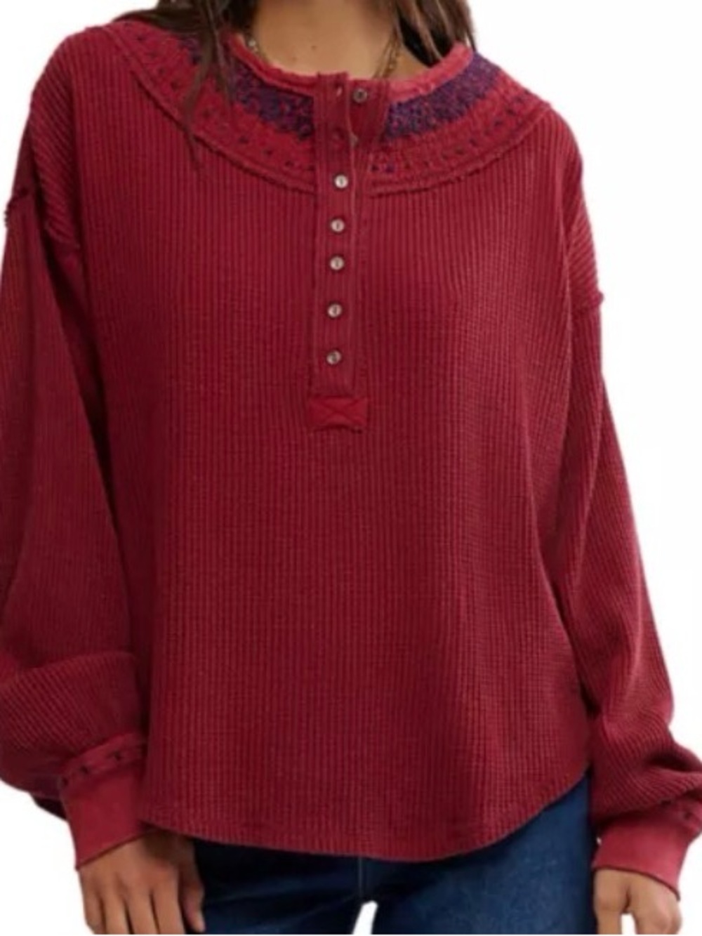 Free People Waffle Knit Holly Henley Pullover Top - Size L